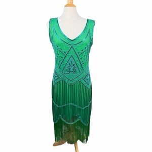 Flapper Dress Green Fringe Great Gatsby Size XL Beads Sequins 1920s Costume